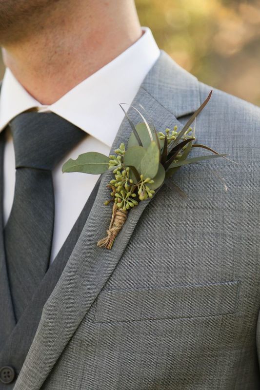 Grooms Boutonniere with seeded eucalyptus and twine